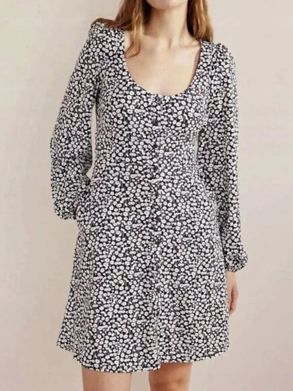 Like New Boden Cotton Modal Floral Button-Front Dress Navy White 2, XS